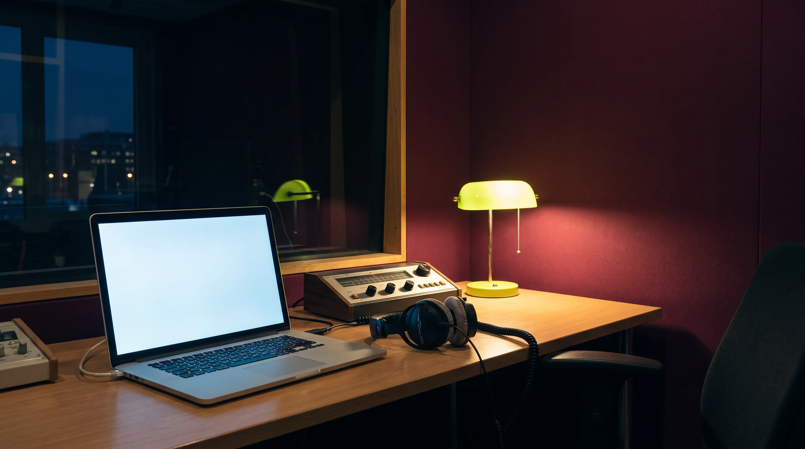 Quiet broadcast desk with laptop and headphones