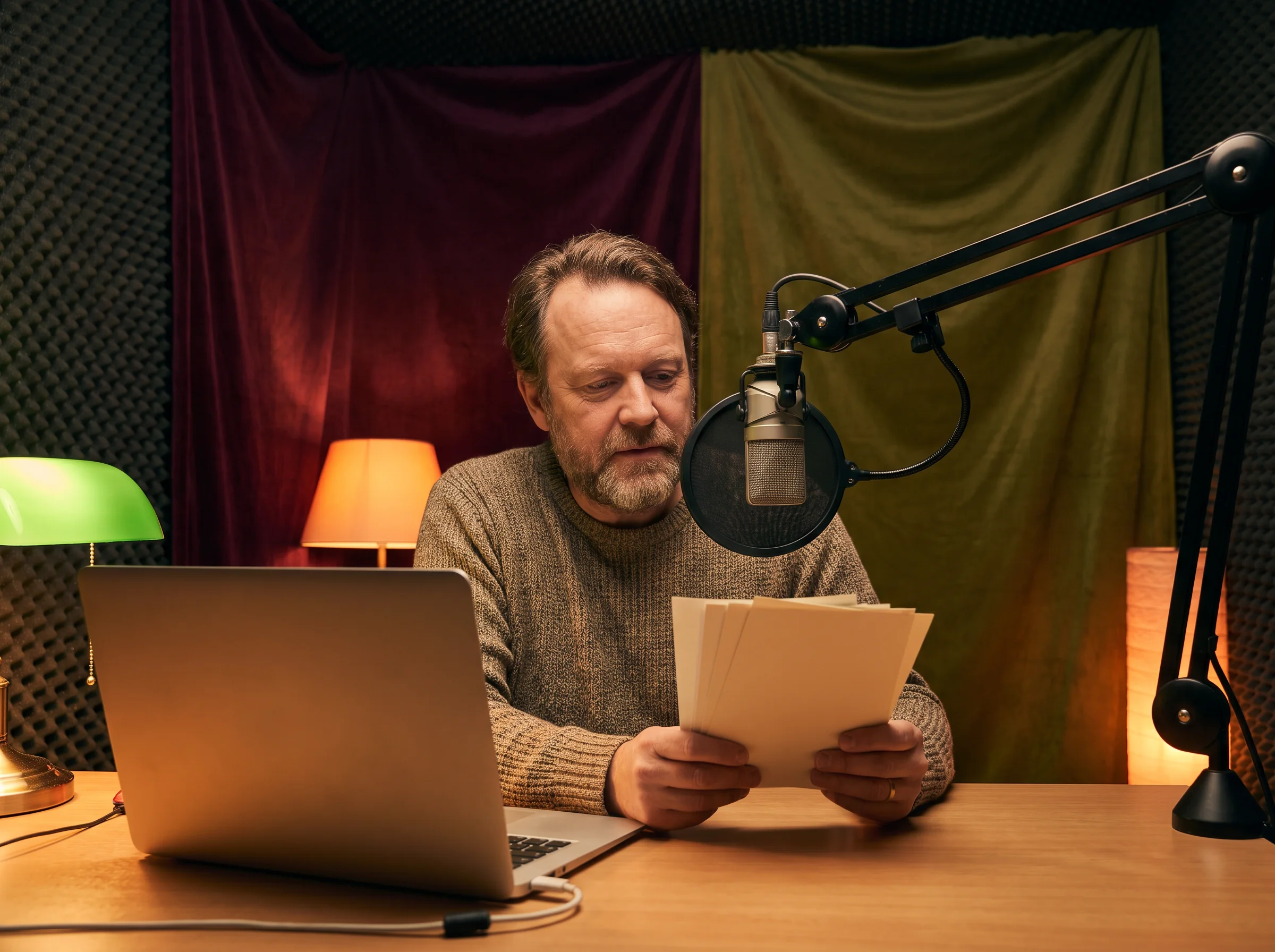 Presenter speaking into a studio microphone
