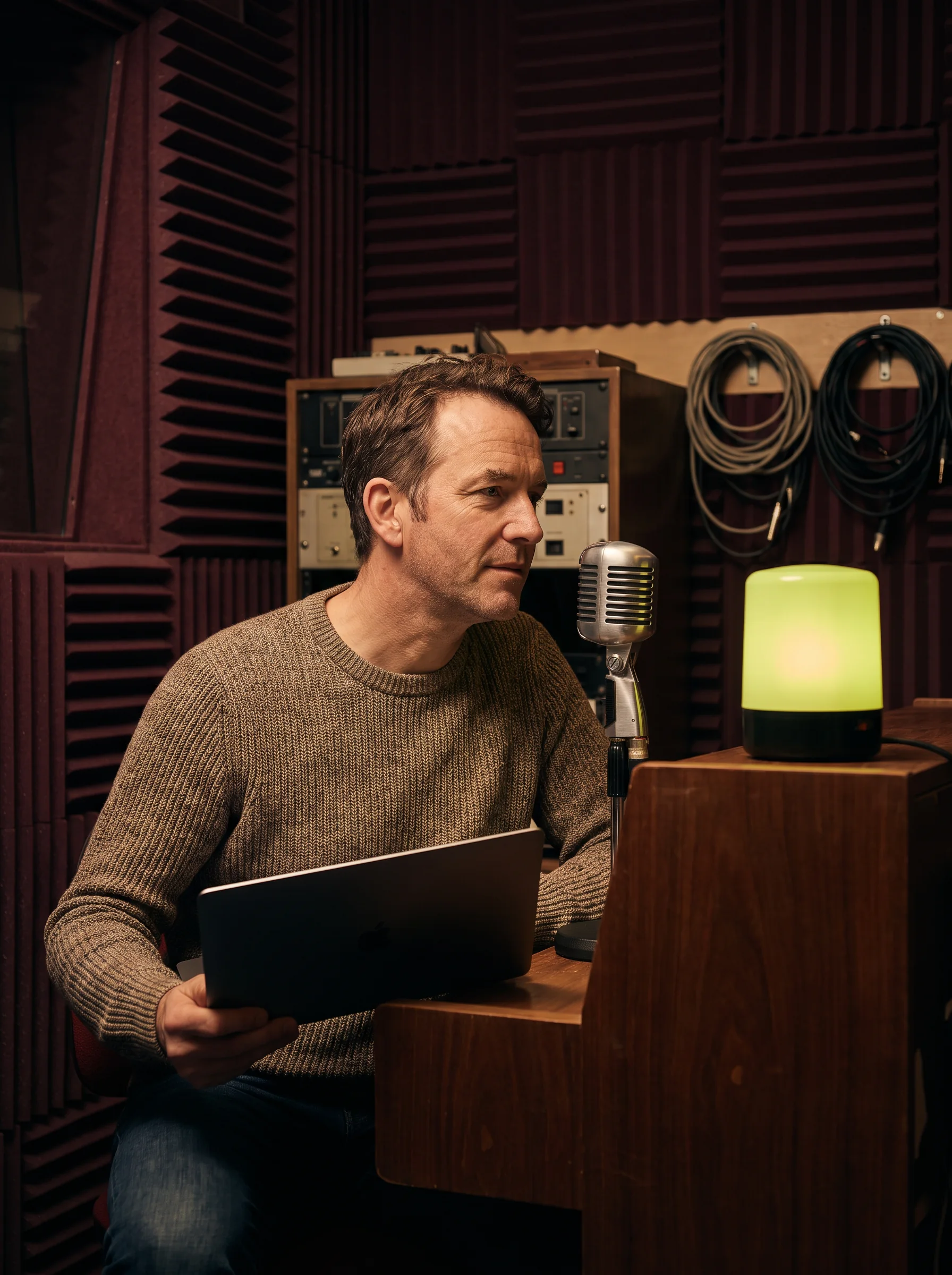 Person seated in a sound-treated studio with a microphone