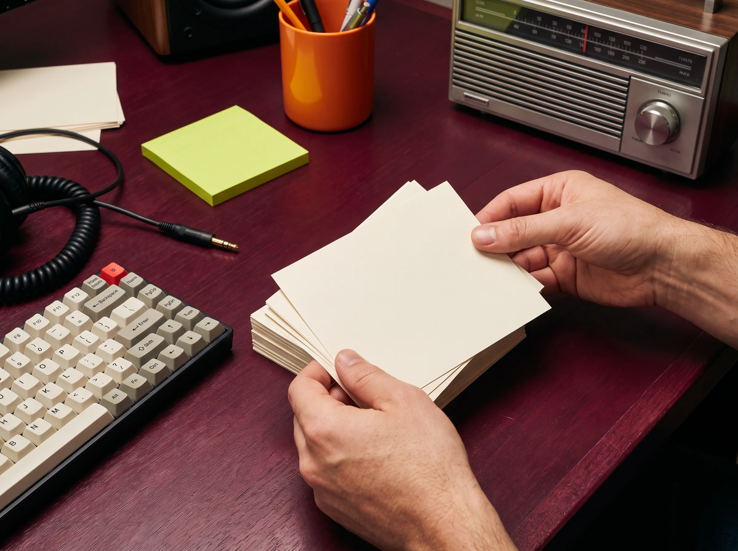 Hands sorting cards at a radio workspace
